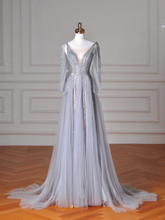 Vestido de fiesta elegante de tul azul con escote en V, lentejuelas y cuentas, corte A, sin espalda, Y8644